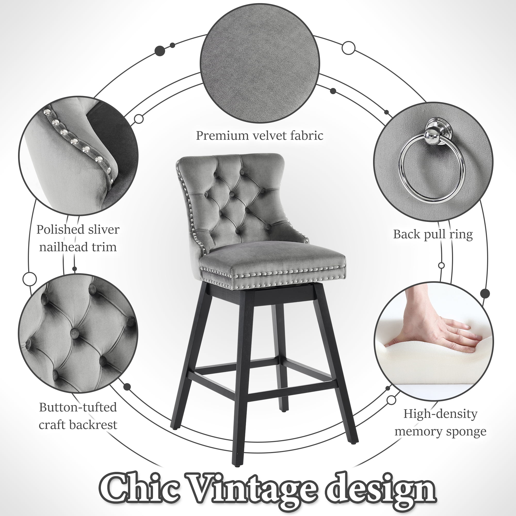 TEWLOSS 26" Swivel Counter Height Bar Stools with Back Set of 2, Gray Velvet Kitchen Stools