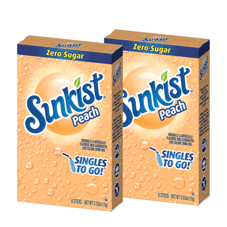 Sunkist Soda Peach Singles To Go Water Drink Mix, Non-Carbonated Sugar-Free Caffeine-Free Water Enhancer Powder Stick (2 Boxes) - 6 Sachet per Box - 12 Total Servings