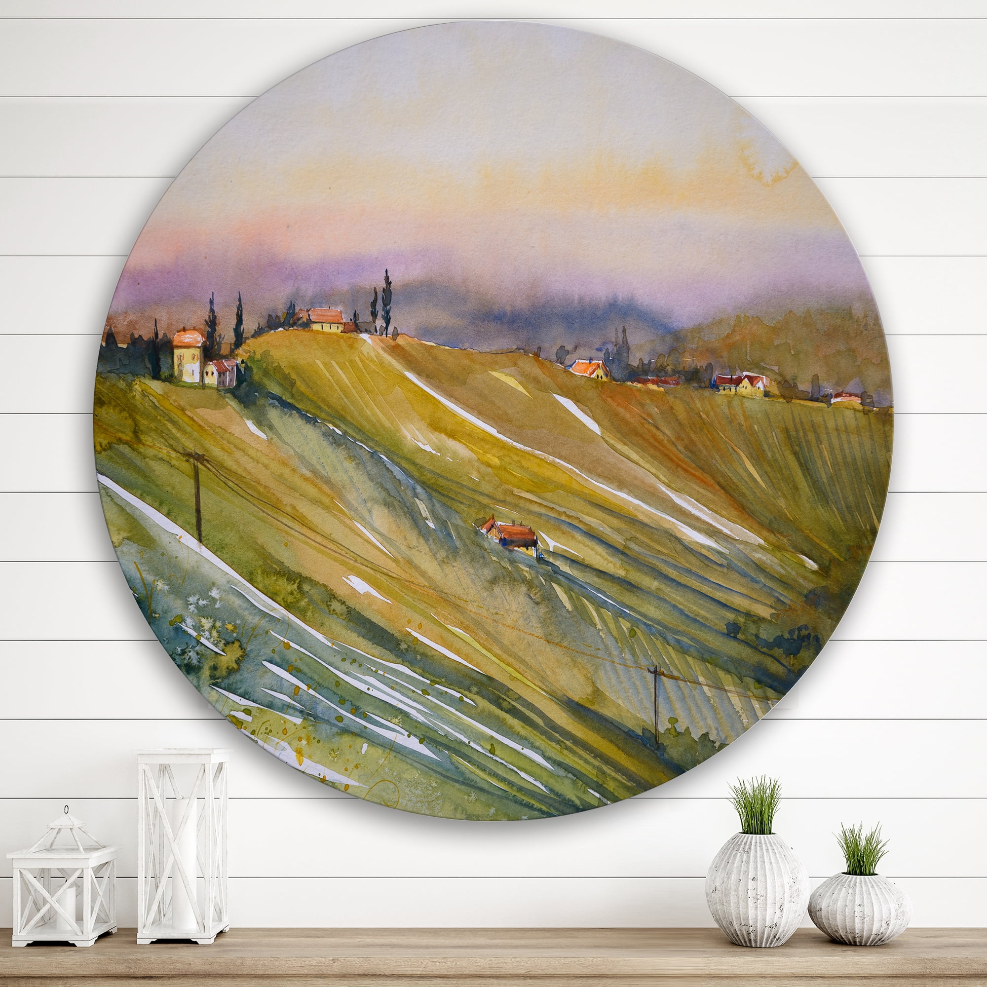 Designart 'Vineyard At Morning In Tuscany Italy' Country Circle Metal Wall Art 29x29 - Disc of 29