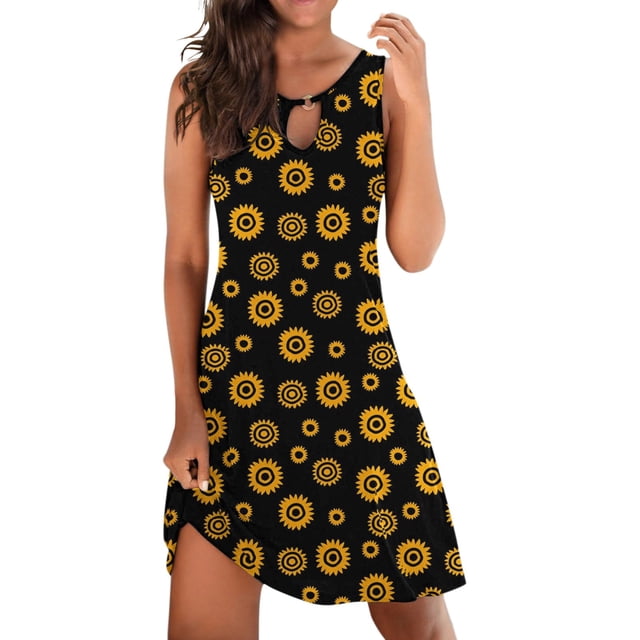 TJAZFJPA Robe Aguichant Femme Élégante à Col Rond Robe Débardeur à Col Rond Robe Décontractée à Imprimé Floral Robe Évasée Robes Mexicaines pour Femmes