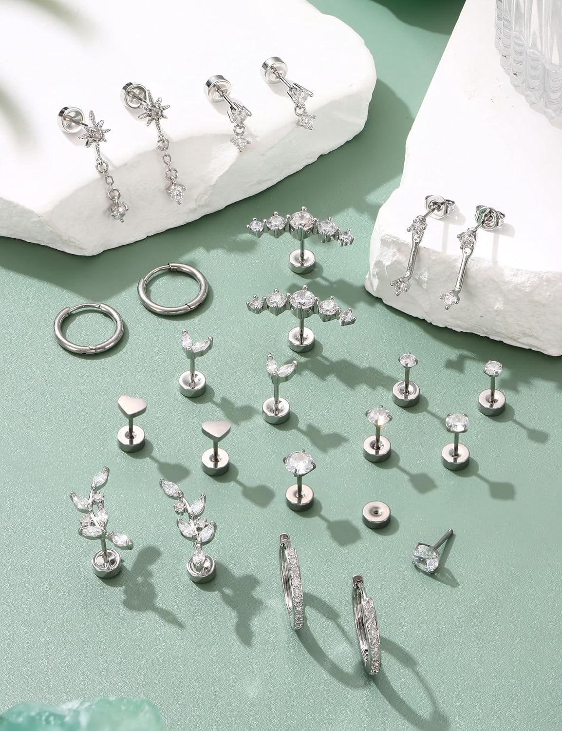 Hypoallergenic Flat Back Earrings-Cartilage Earring Stacks-Surgical Steel Earrings for Sensitive Ears - Small Stainless Steel Flatback Stud Hoop Earring Sets for Helix Tragus Conch Daith Multiple Pie