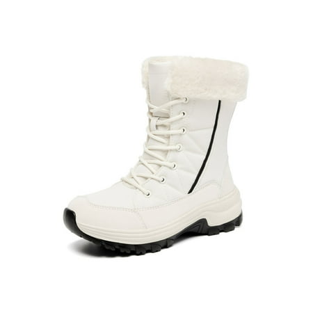 

Kesitin Womens Snow Boots Lace Up Winter Shoes Faux Fur Mid Calf Boot Casual Non Slip Warm Shoe Walking Plush Lining White 5.5