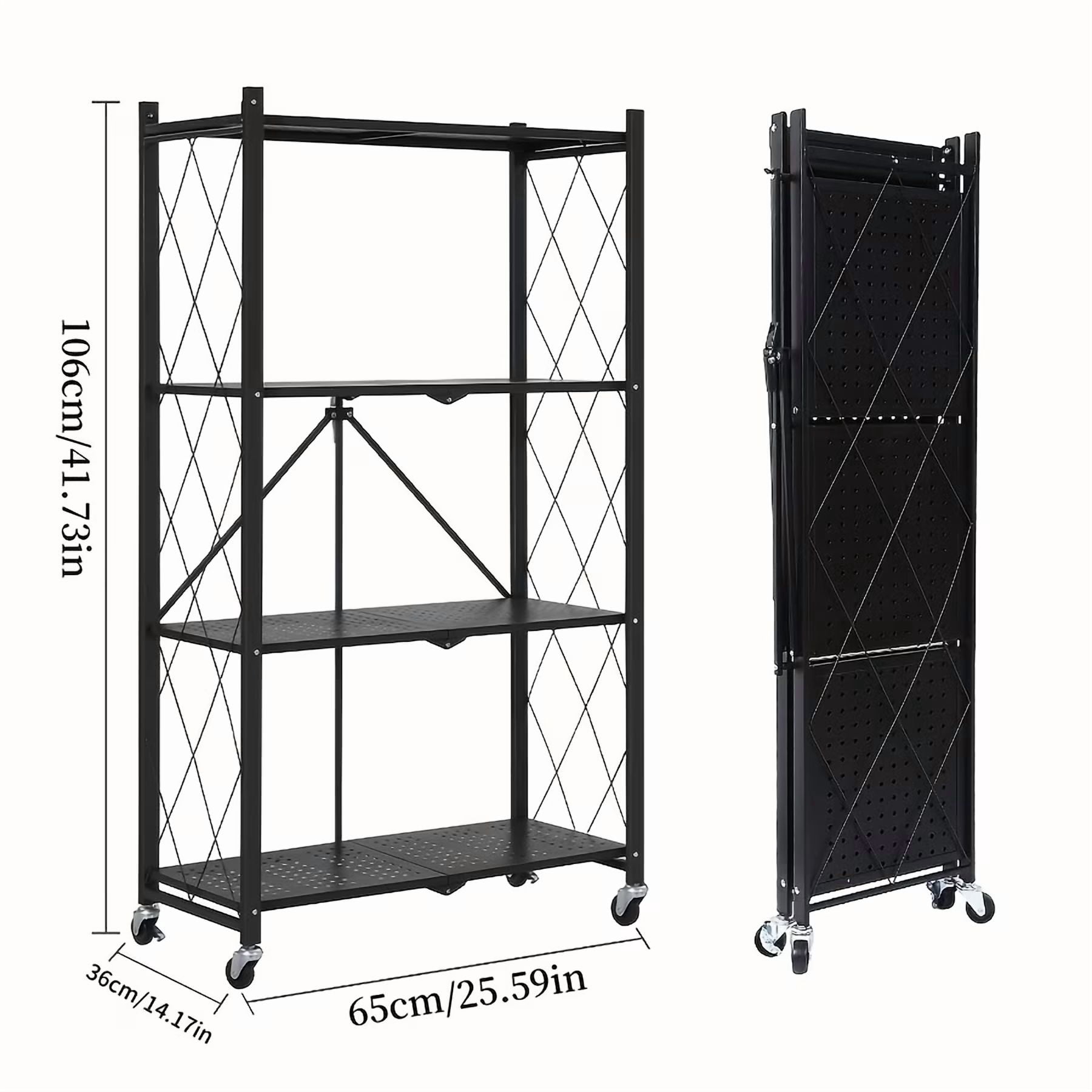 Heavy Duty Foldable Metal Storage Rack with Wheels, 4 Tier, No Installation, Removable Shelves, Black - Utility Shelving for Garage, Kitchen, Living Room, Study, Basement