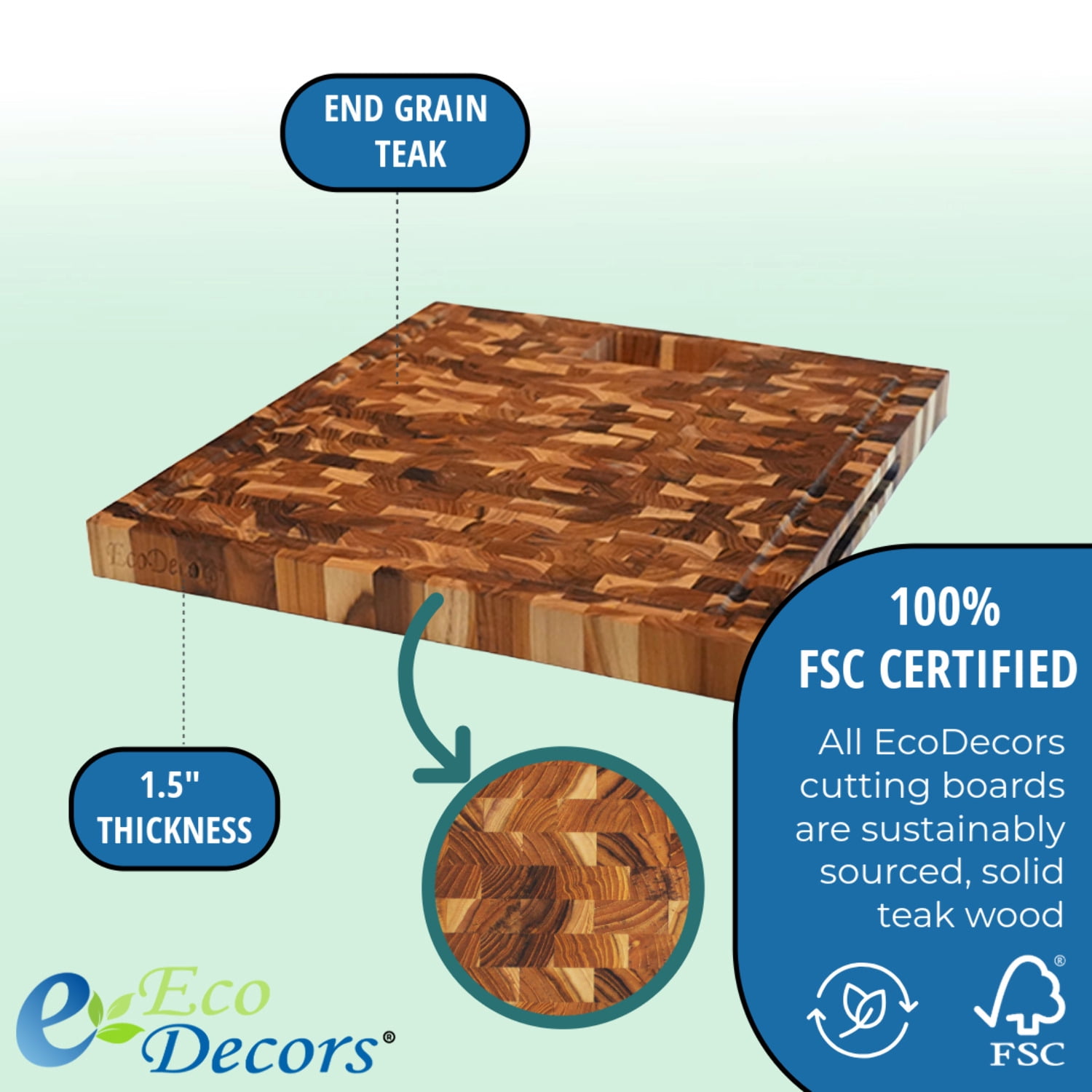 EcoDecors 17" x 18" FSC Teak End Grain Board with Groove, Handles  Chute