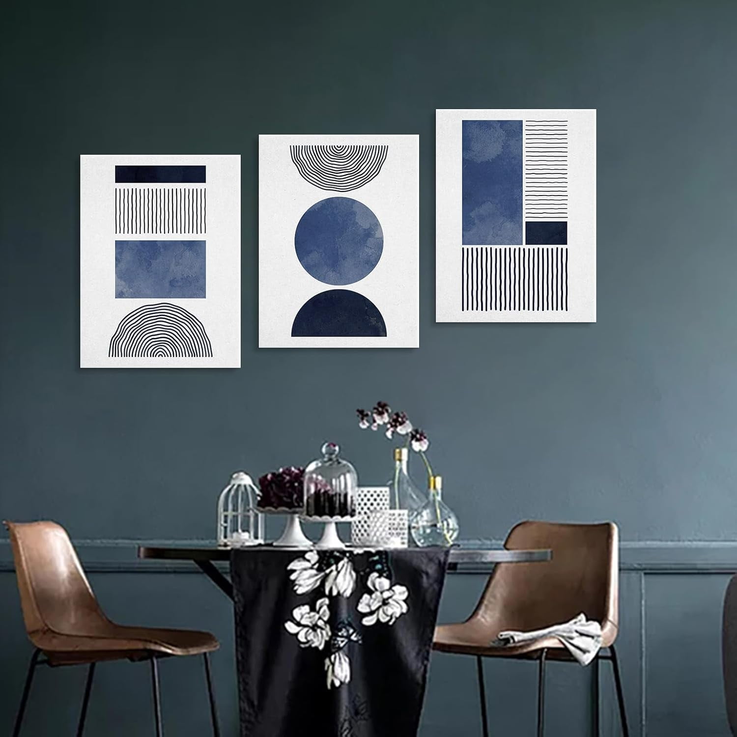 Black Blue and White Wall Art Canvas Set Mid Century Boho Pictures Modern Geometric Wall Decor Minimalist Bohemian Abstract Painting Artwork for Living Room Bedroom Office 12" x 16" x 3Pc