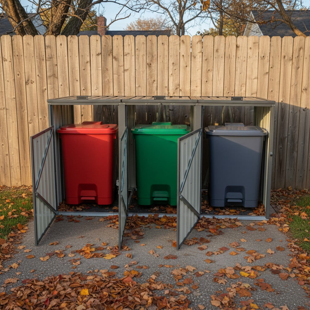 Aukfa 7.3' W Outdoor Garbage Bin Storage, Metal Storage Shed for 3 Trash Cans Tools, Waterproof Trash Can Storage, Black
