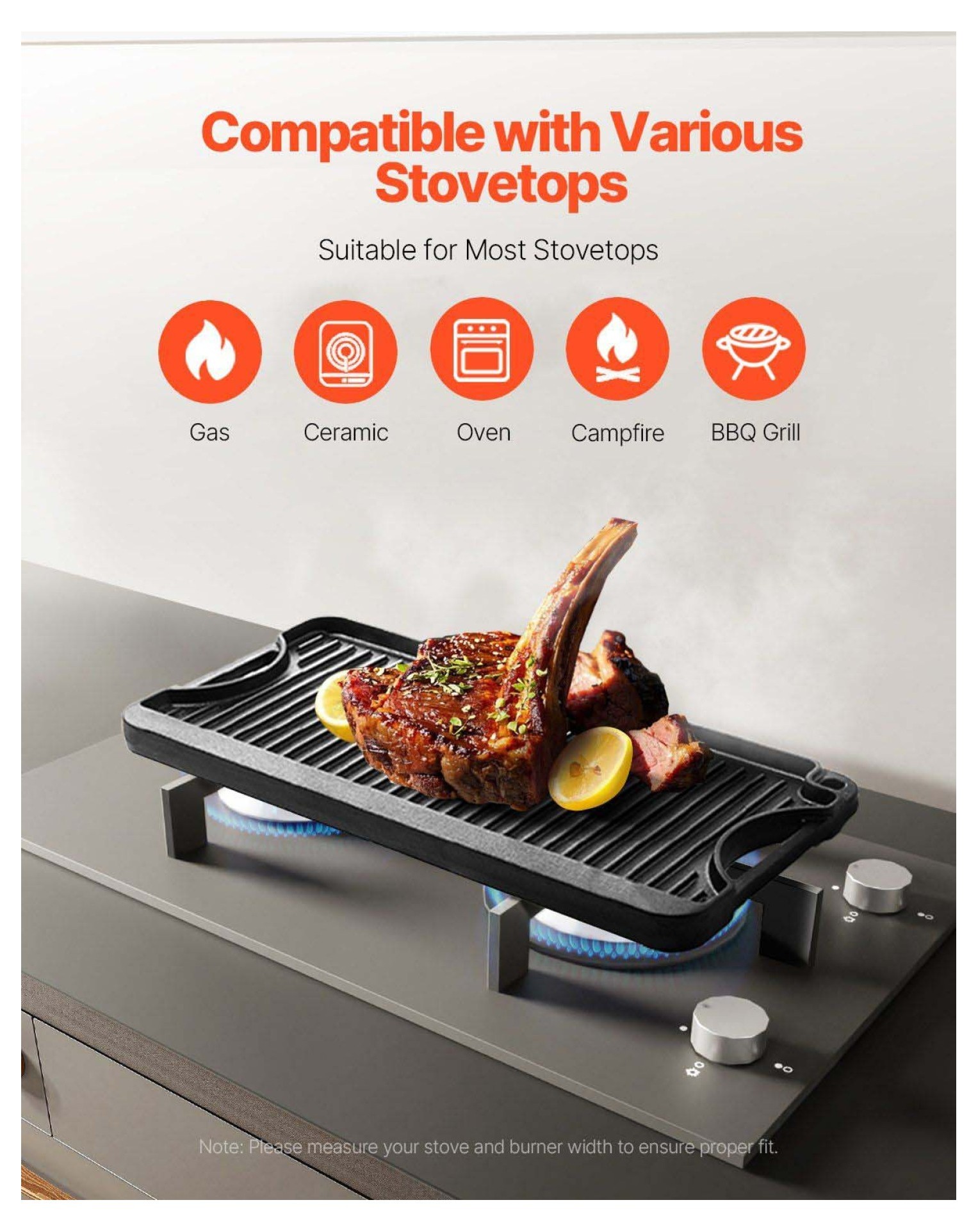 Cast Iron Griddle & Grill Pan - 20x10 Inch Pre-Seasoned Reversible Cookware for Stovetop, Gas, Camping - Indoor Outdoor BBQ Family Size Black