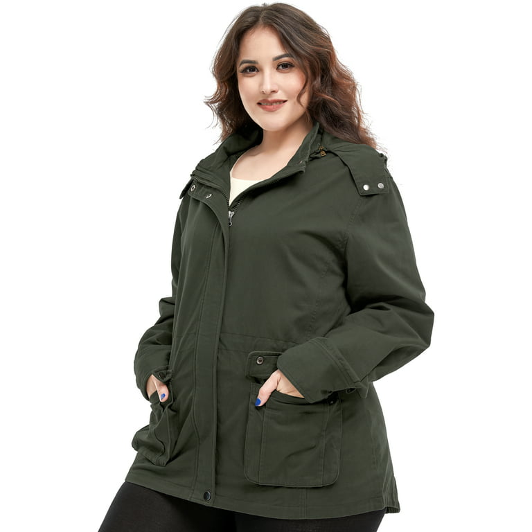 Soularge Women's Plus Size Fall Utility Jackets with Removable Hood  (Green,1X) 