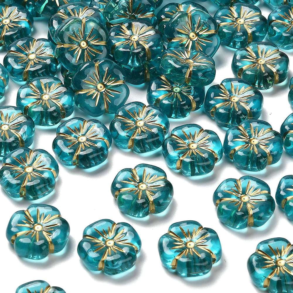 500 g Transparent Acrylic Beads Flower Golden Metal Enlaced Dark Cyan 19.5x19.5x7mm Hole: 1.8mm 230pcs/500g