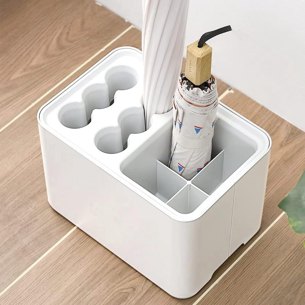 10 Hole Umbrella Rack Stand Holder with Drip Tray Space Saver Organizer Fits Entryway Corner Home Office Decor, Hold 10 Umbrellas (White)