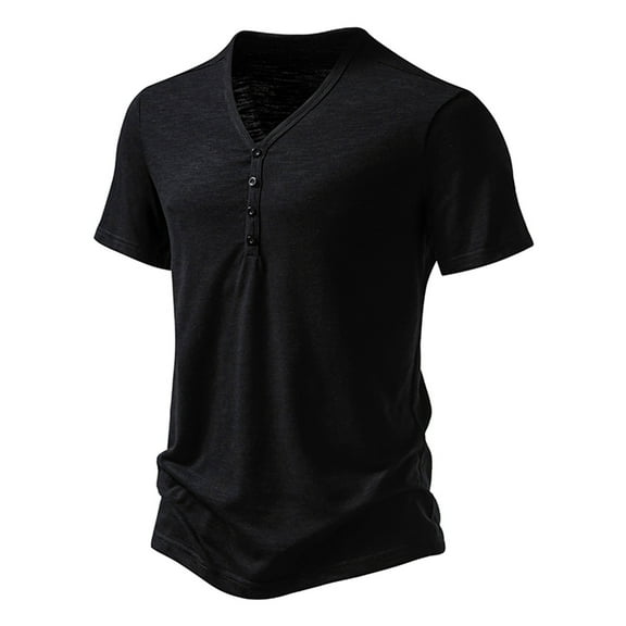 LYEAA Casual Shirts for Men Short Sleeve Three Buttons Crew Neck Loose Summer Pullover T-shirts Solid Soft Comfortable Breathable Men's Tops Black M