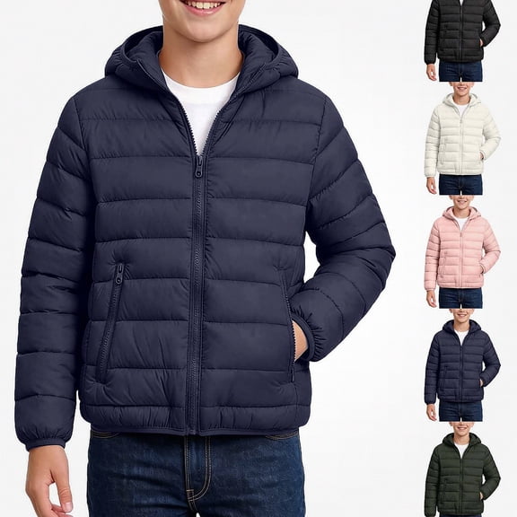 HAOTAGS Teen Boys Quilted Coat (7-15) Winter Long Sleeve Windproof Warm Hooded Zipper Jacket Navy Size 9