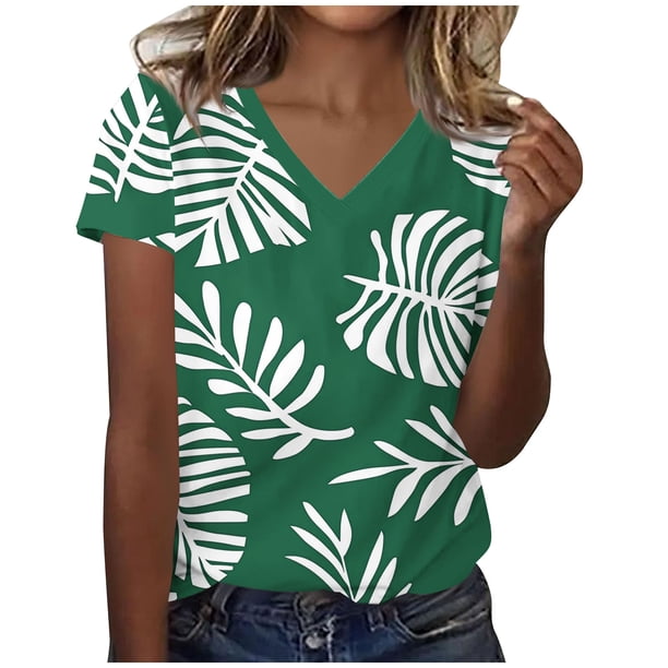 Camisetas Casuales de las Mujeres Moda Cómoda Impresa de Manga Corta con Cuello en V Top para el Uso Diario Casual