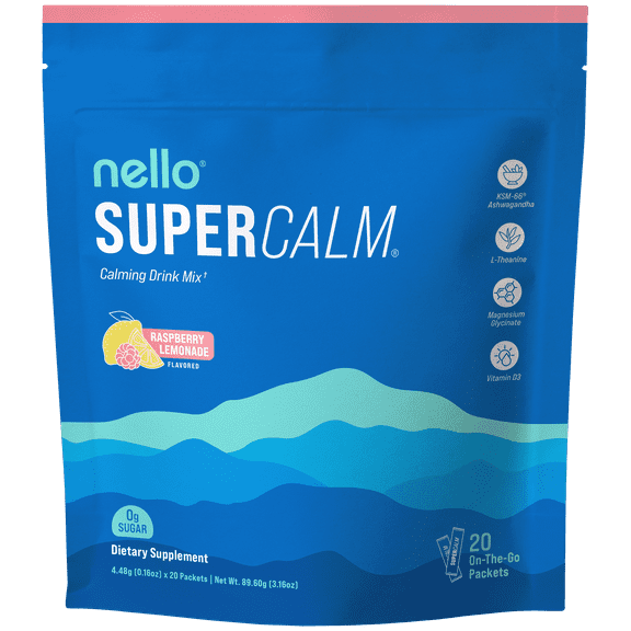 Nello Supercalm Drink Mix - Ashwagandha KSM 66, Magnesium Glycinate & L-Theanine Supplement - Ashwagandha Root Extract - Focus and Relaxation Support (20 Travel Packets) - Raspberry Lemonade