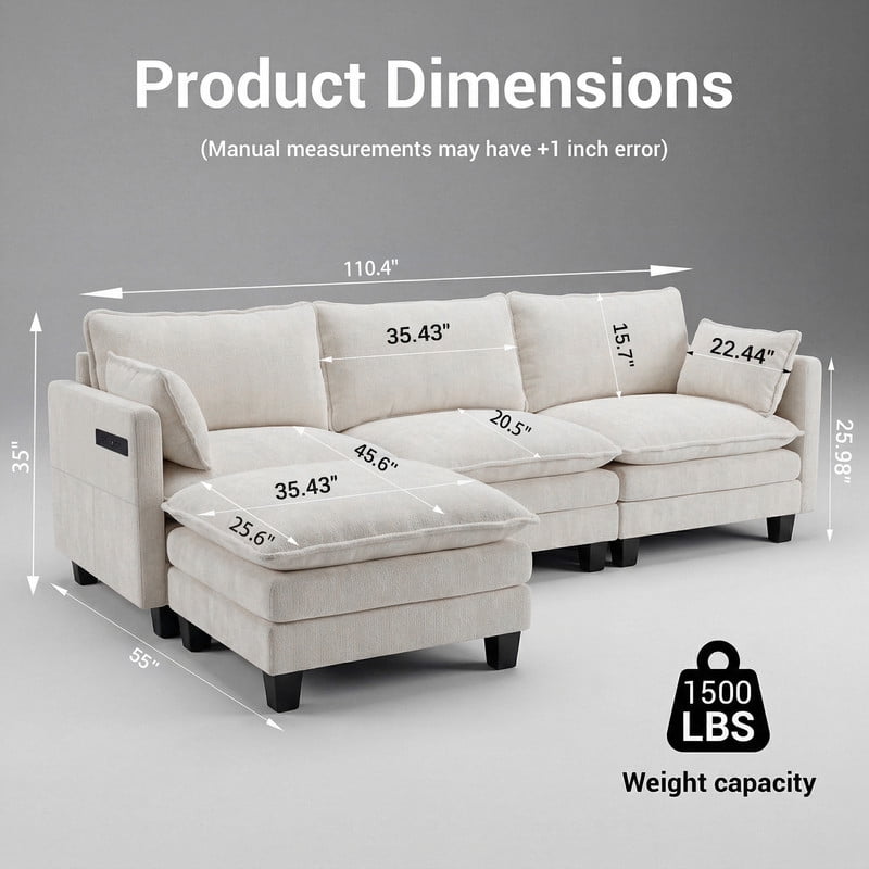 Modern 110"W Chenille L-Shape Sectional Sofa Set,3-Seat Sofa Couch + Ottoman, USB Port, Side Pocket