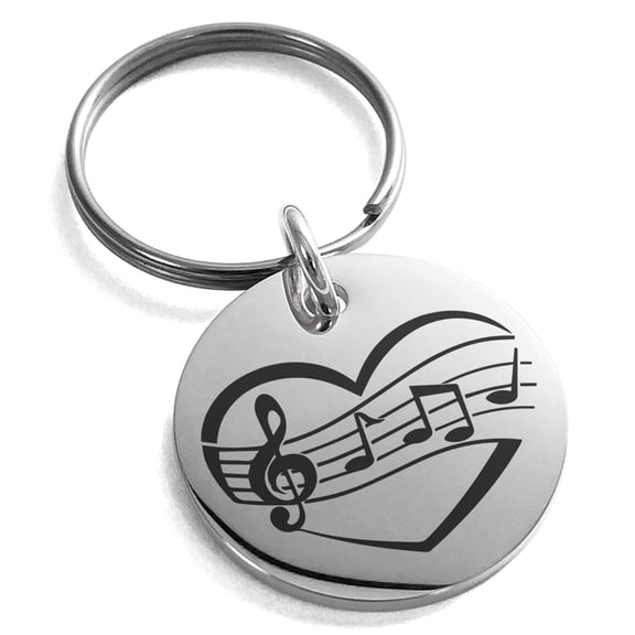 Stainless Steel Musical Love Note Heart Engraved Small Medallion Circle Charm Keychain Keyring