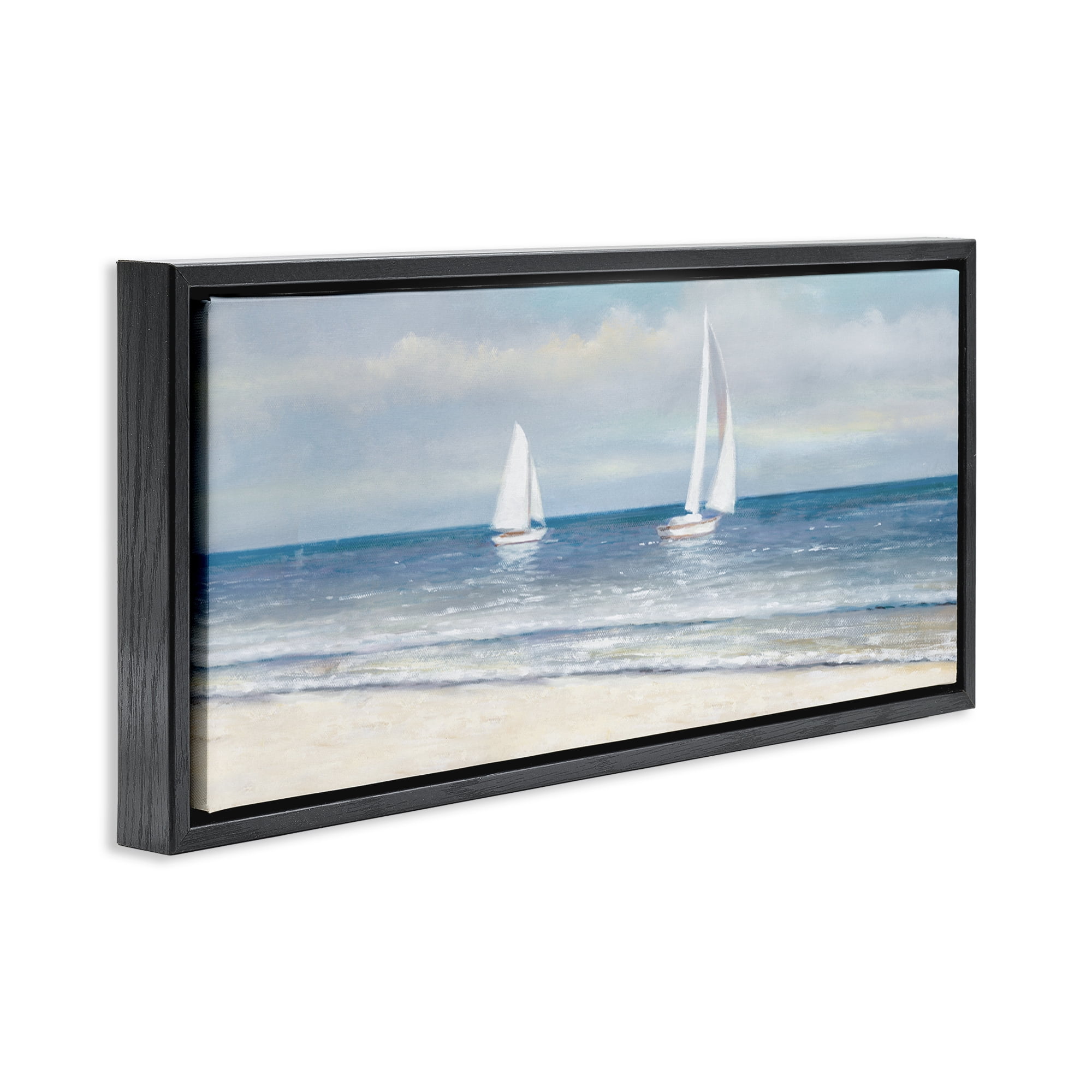 Stupell Industries Sooth Sailboats View Nautical & Beach Painting Black Floater Framed Canvas Art Print Wall Art, 31 x 14