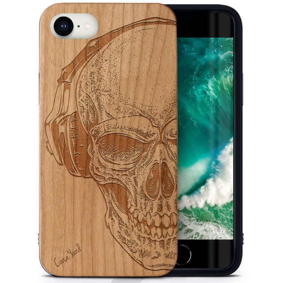Case Yard Wooden Case Outside Soft TPU Silicone, Slim Fit Shockproof Wood Protective Phone Cover for Girls Boys Men and Women, Supports Wireless Charging Headphone Skull Design case for iPhone-SE