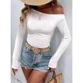thumbnail image 2 of Women'S Casual Long Sleeve Boat Neck Off Shoulder Slim Fit Crop Top Going Out Blouses Y2K Tight Shirts White XL, 2 of 6