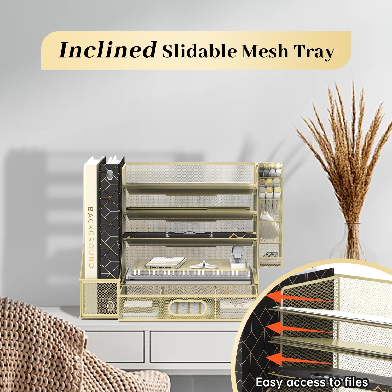INTIGE 5-Tier Mesh Paper Organizer, Desk Organizer with File Holder, Pen Holder & Drawer for Desk Storage & Office Supplies