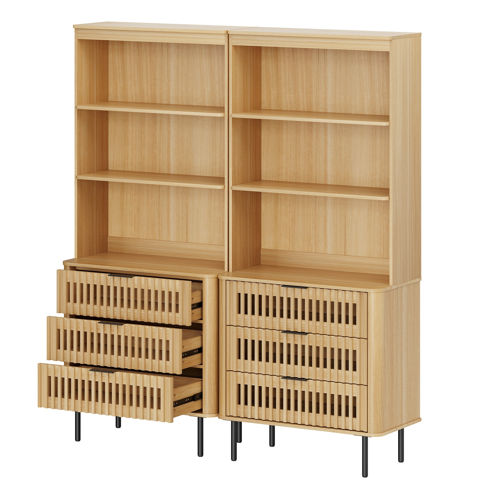 WAMPAT 72.8" Tall 3-Tier Bookshelf with Large Drawer, Modern Bookcase with Storage, Adjustable Shelves, Wood Storage Cabinet, Oak, 2 PCS