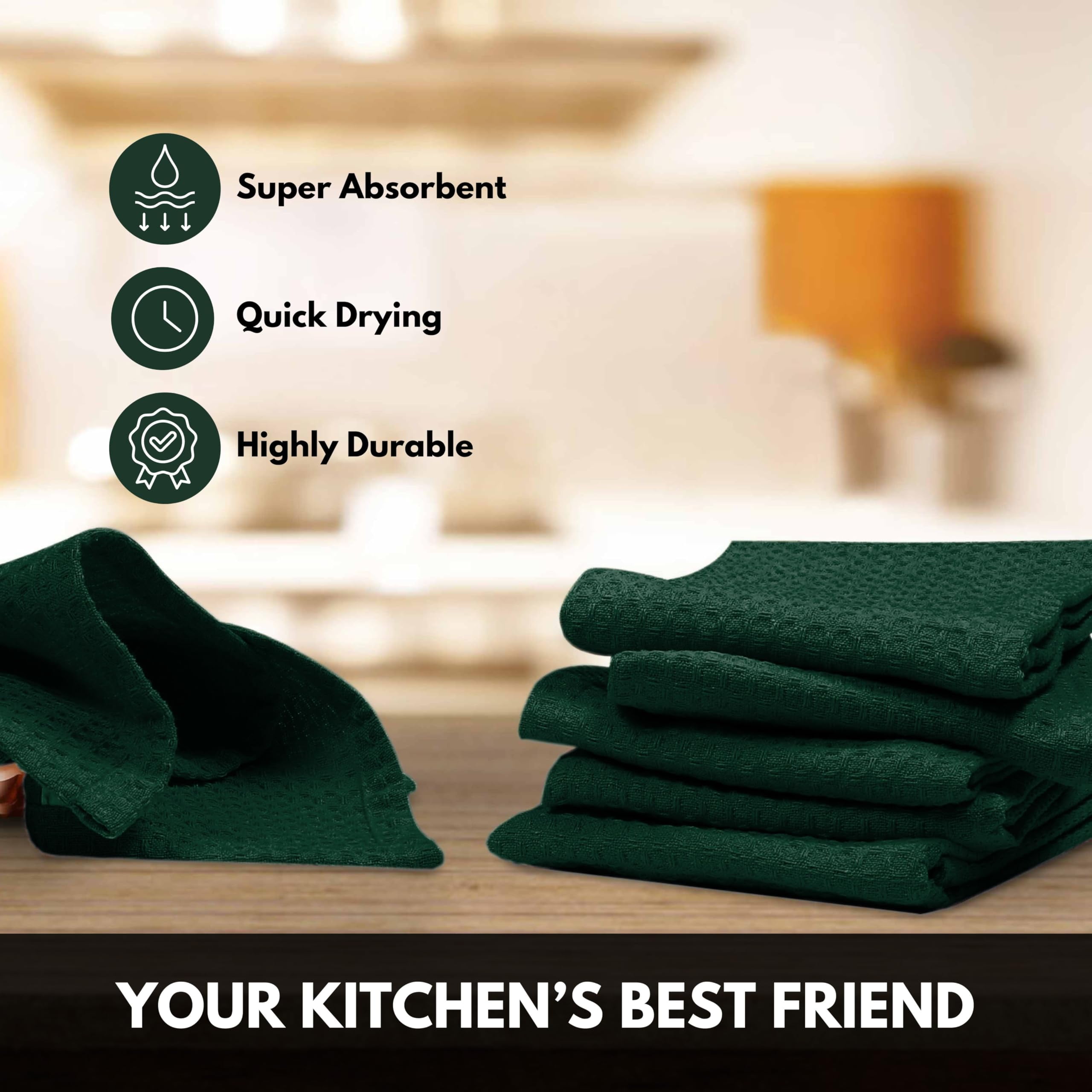 Softopia Cotton Forest Green Kitchen Dish Towels Set of 12-100% Cotton Waffle Weave, Super Absorbent, Soft, Quick Drying, 16x26 Inches, Ideal for Cleaning, Bar, Tea, and Everyday Use, Olive Green