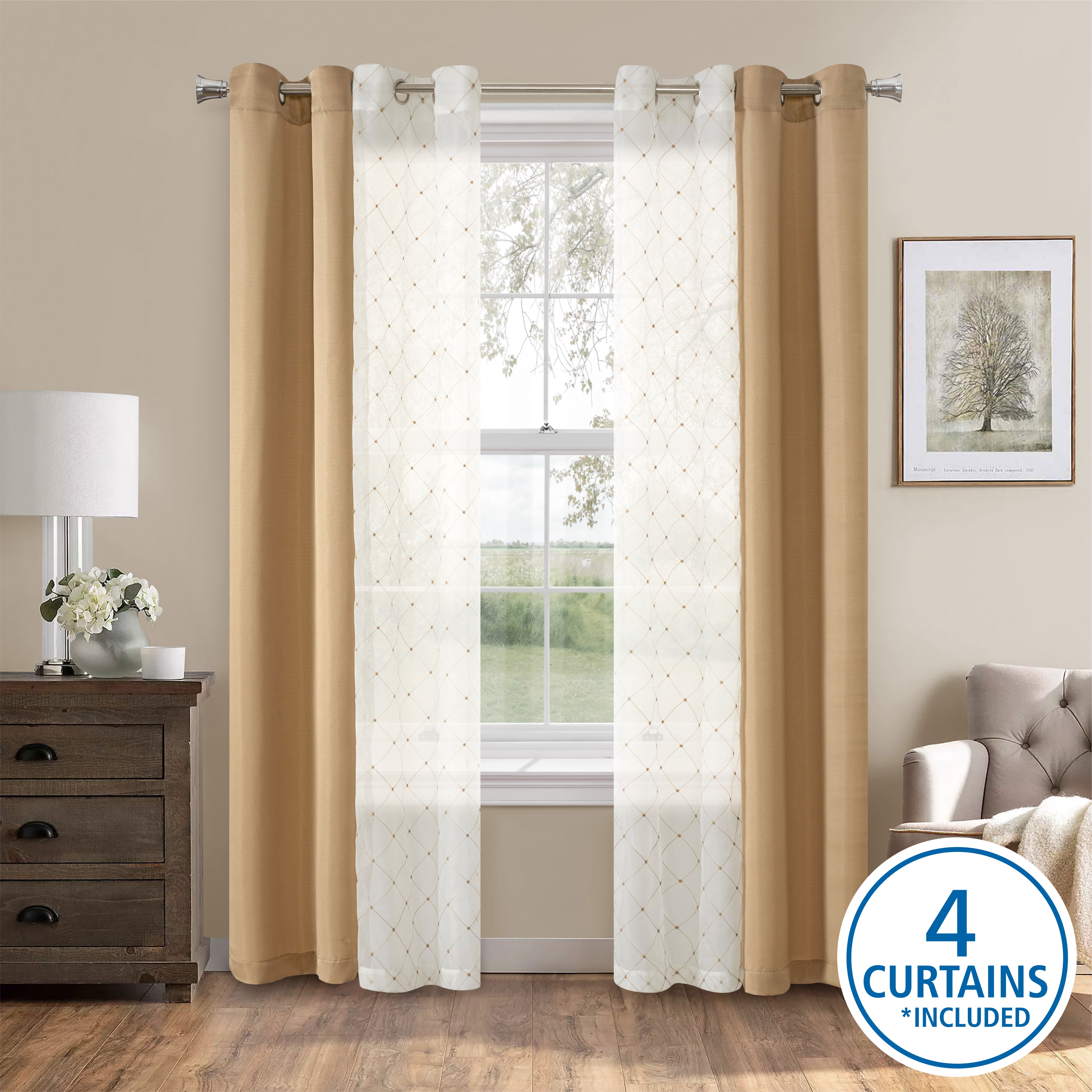 (2 pack) Mainstays Embroidered Curtain Panels, Set of 4, Gold, 27.5" W x 84" L
