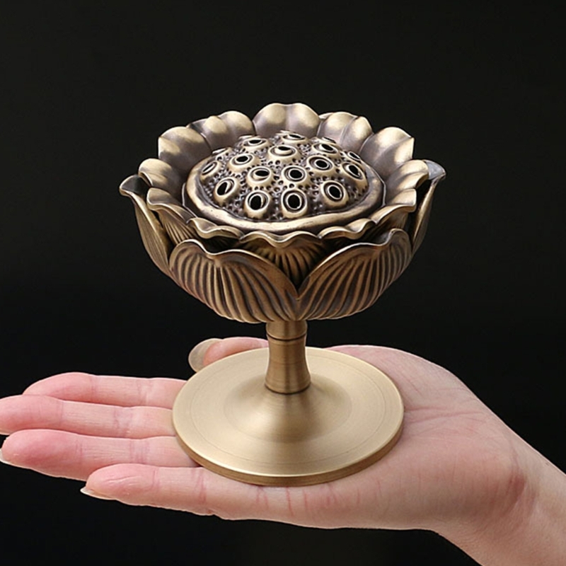 Copper Incenses Stick Burner Holder Lotuses Shaped Lid Censer Bowl Incenses Tray Home Decorations for Meditation, Yogas