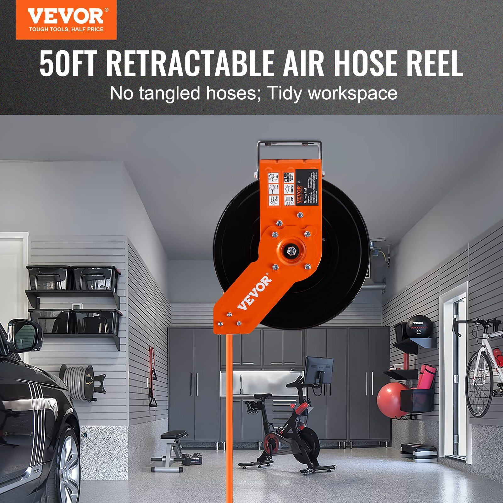 50FT Retractable Air Hose Reel - 3/8" Hybrid Hose (300PSI) w/ Auto Rewind - Heavy Duty Steel for Wall/Ceiling Mount - Industrial & Garage Use