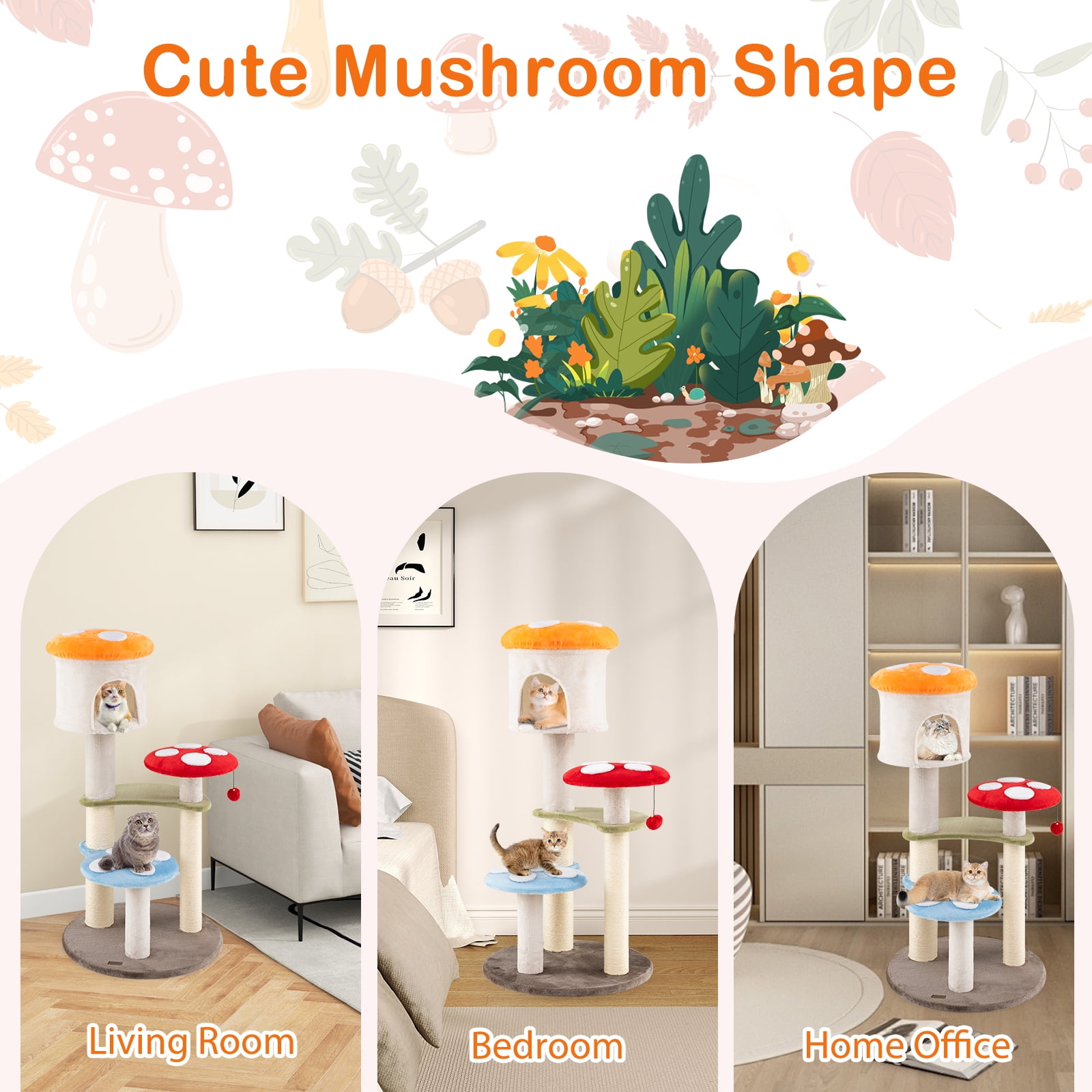 Gymax Cute Mushroom Cat Tree 48'' Tall Cat Tower w/ Sisal Scratching Posts Top Condo