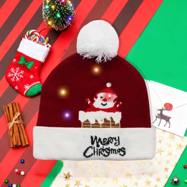 Boovnll Christmas Decorations, Winter Fashion Led Christmas Hat Santa Claus Hairball Hat Pattern Knitted Hat Warm Ear Protection Woolen Hat Essentiales for Christmas Decorations