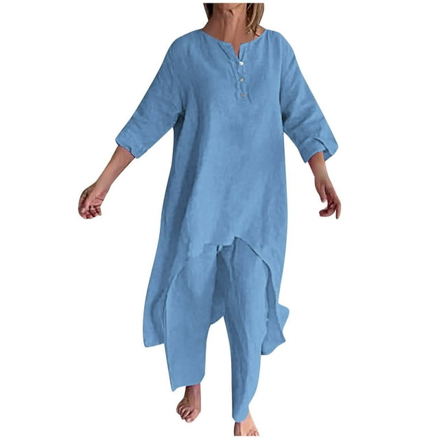 Besolor Ensemble 2 Pcs Grande Taille pour Femmes, Décontracté, Col Rond, Manches 3/4, Hauts et Pantalons Irréguliers