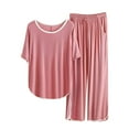 thumbnail image 2 of Brilliant Two Piece Summer Outfits Women 2PC Women's Solid Color V Neck Shorts Sleeve Two-piece Comfortable Home Pajamas Set Sports Set Pink S, 2 of 9