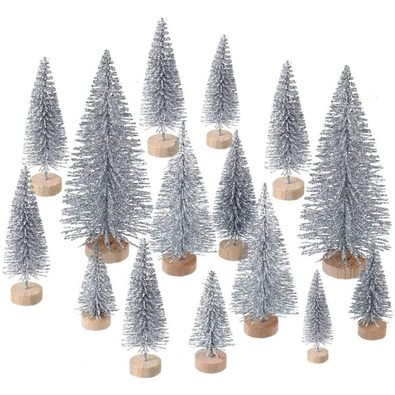 Manunclaims 64 Pieces Artificial Mini Christmas Tree Sisal Snow Trees Bottle Brush Christmas Trees Pine Trees Ornaments with Wooden Base for Christmas Party Home Decoration (4 Sizes)