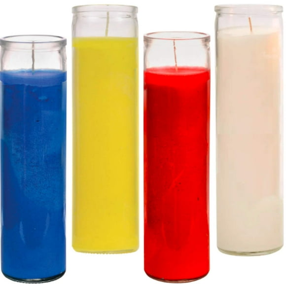 Prayer Candles - Red Yellow Blue White Wax Candle (4 Pack) Great for Sanctuary, Vigils - Unscented Glass Jars Candle Set - Jar Candles - Spiritual Religious Church