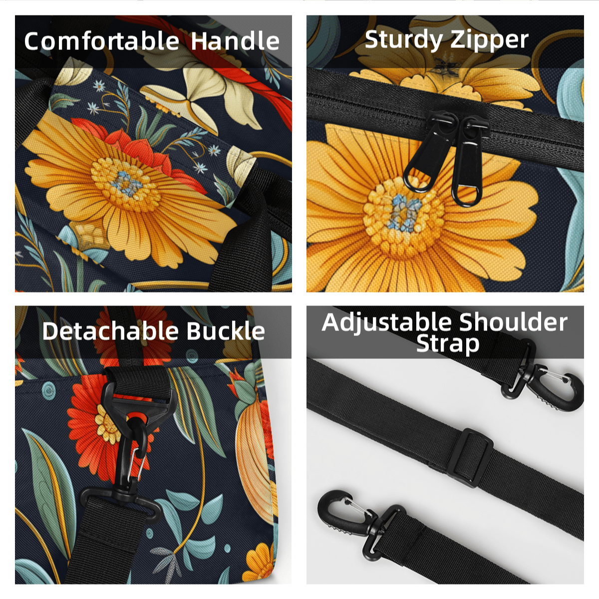 Herdesigns Retro Floral Sports Duffle Bag for Women & Men, Vintage Boho Flower Gym Bag Dance Bag Overnight Bag Carry On Weekender Travel Bag