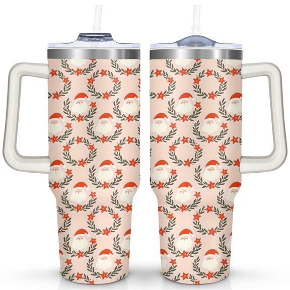 Santa Pine Leaf Circle Light Pink 40 Oz Tumbler with Handle Lid and Straw Stainless Steel Double Walled Vacuum Insulated Cup Merry Christmas Gifts Tumbler for Women Men Friends Outdoor Indoor