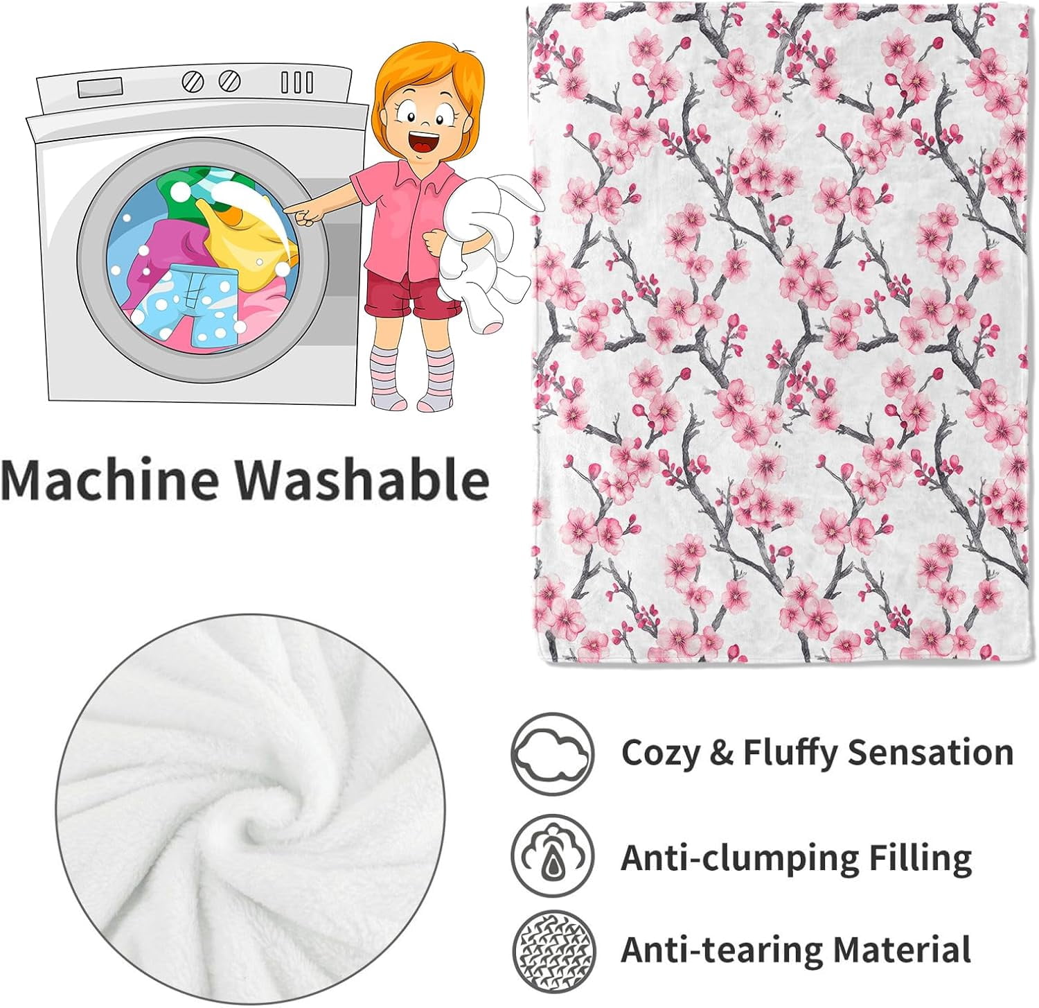 Cherry Blossom Branches Blanket,50x60in,Pink Floral Spring Throw Blankets,Gifts for Kids Girls Women & Nature Flower Lovers, Lightweight Soft Fleece Cozy,for Sofa Couch Bed Room Modern Decor