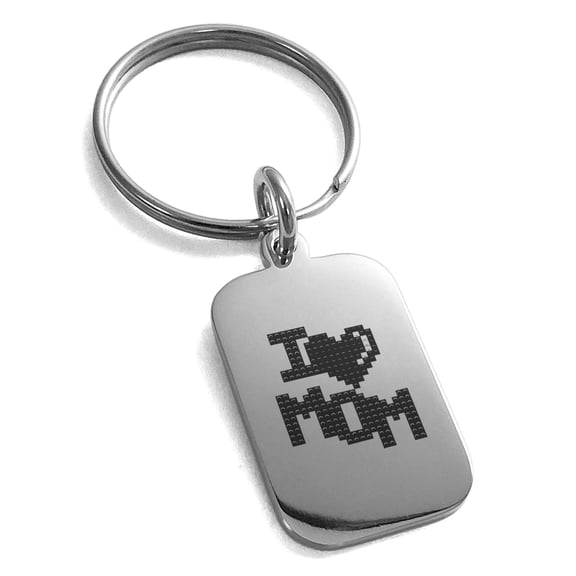Stainless Steel Pixel I Heart Mom Small Rectangle Dog Tag Charm Keychain Keyring