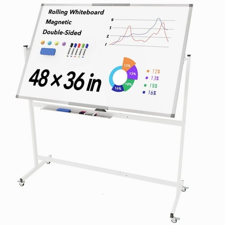 Tooloton Large Rolling Whiteboard on Wheels, 48 x 36 Inches with Stand, 4' x 3' Magnetic Dry Erase Board Easel