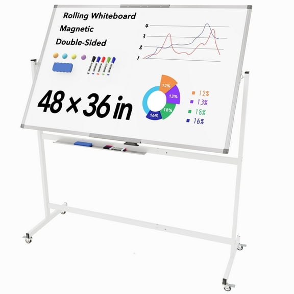 Tooloton Large Rolling Whiteboard on Wheels, 48 x 36 Inches with Stand, 4' x 3' Magnetic Dry Erase Board Easel