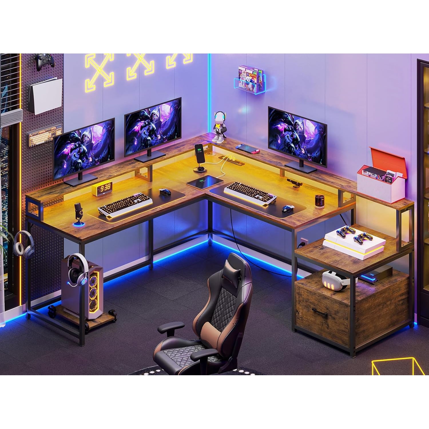 L-Shaped Office Desk with Drawers & Monitor Stand, Reversible Computer Desk with LED Lights & Charging Station, Rustic Brown
