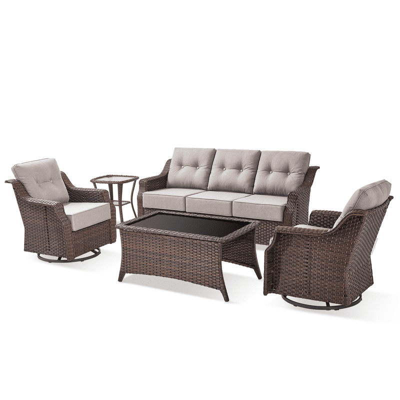 PARKWELL 5 Pieces Outdoor Patio Furniture Set,Luxury 6" Thick Conversation Set with Swivel Glider Chairs,All-Weather Seating Furniture Set for Backyard Deck, Brown/Beige