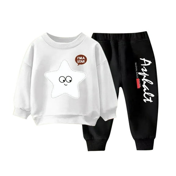 Zwiiyzr 3-9Y Toddler Baby Boy Girl Clothes Warm Fleece Lined Print Long Sleeve Sweatshirt Tops and Pants Winter Fall Clothing Set White