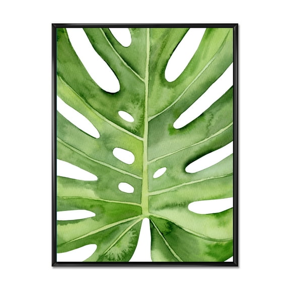 Designart 'Close Up Green Monstera Leaf Tropical Palm' Tropical Framed Canvas Wall Art Print