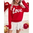 thumbnail image 3 of Women Valentine Knit Sweater Long Sleeve Crewneck Pullover with LOVE Letters Casual Warm Holiday Gift Tops, 3 of 5