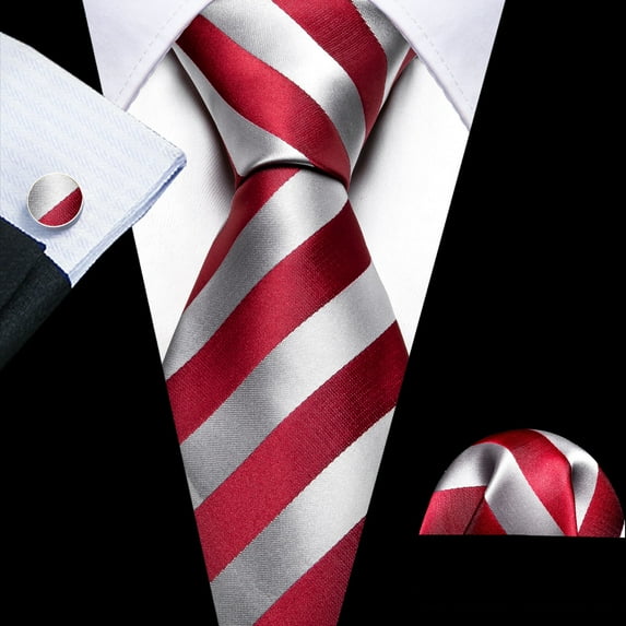 Barry.Wang Stripe Ties for Men Set Pocket Square Cufflinks Check Necktie Set Formal Silk