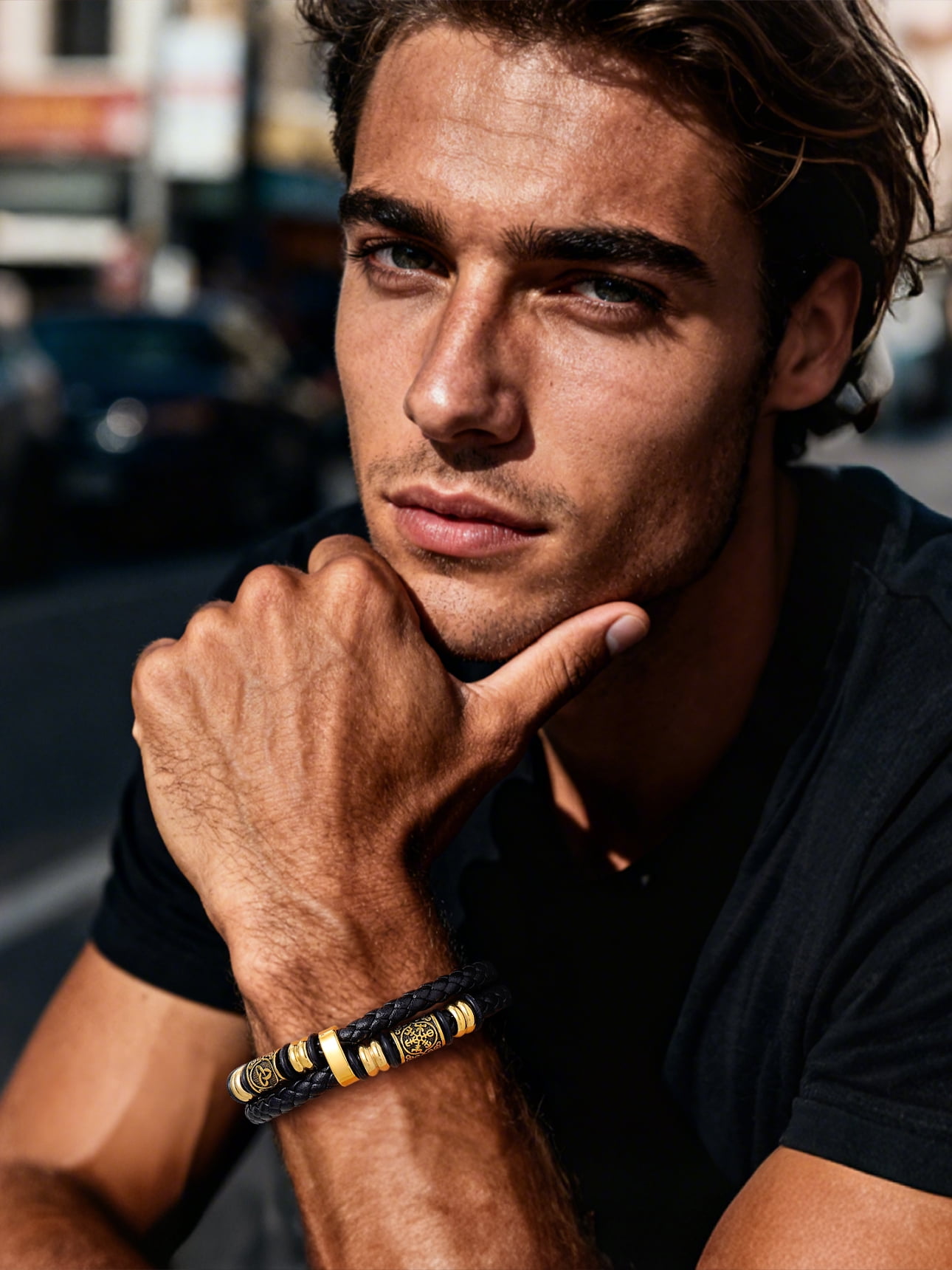 Bestyle Gold Plated Leather Bracelets for Men, Fashion Stainless Steel Celtic Beaded Wristband Gifts for Birthday Valentine's Day, 8.3 Inch