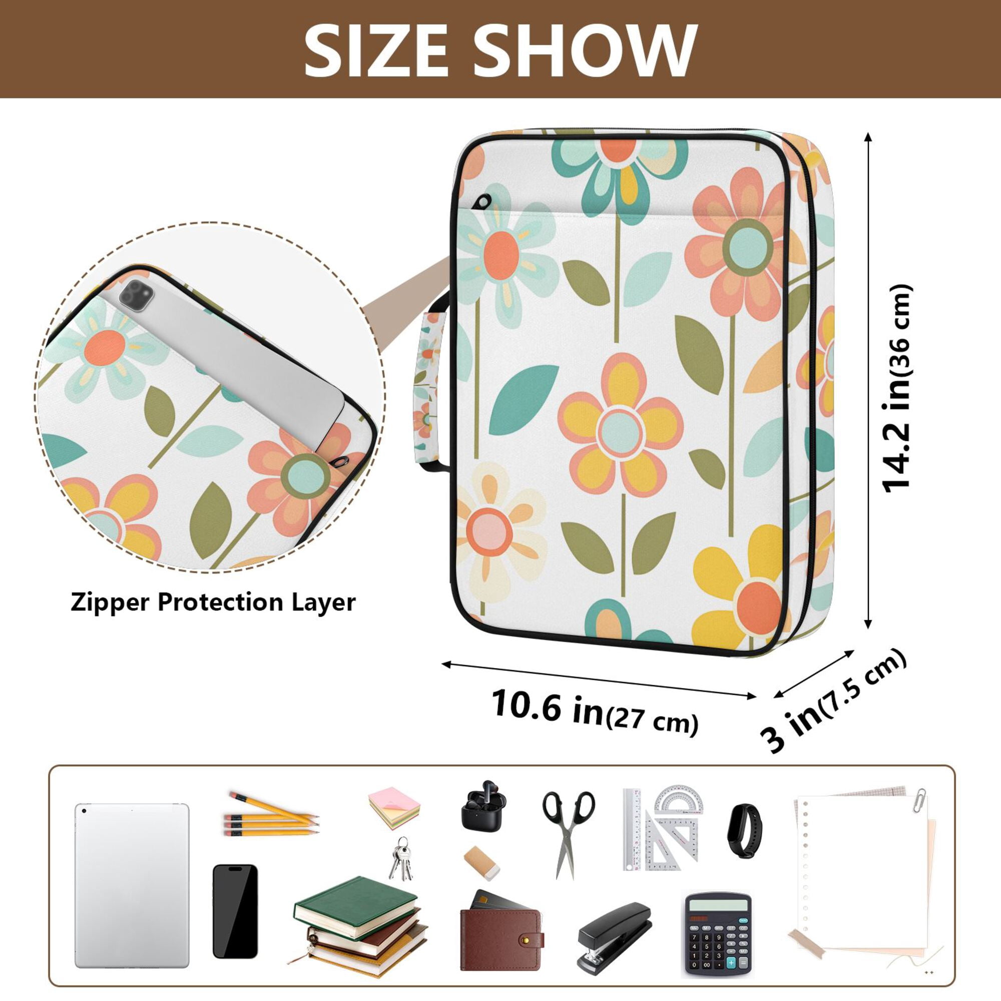 FORMRS Accordion File Folder A4 Size 7-Pocket Expanding Document Organizer Bag with 3 Ring Binder, Orange Retro Flower
