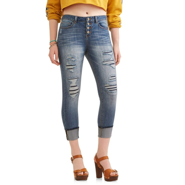 No Boundaries No Boundaries Juniors Destructed Exposed Button Crop Jeans Walmart Com Walmart Com